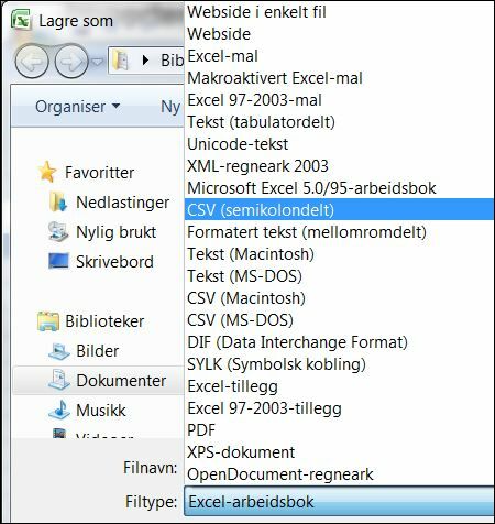 Medarbeider-importfil lagre som filtype csv