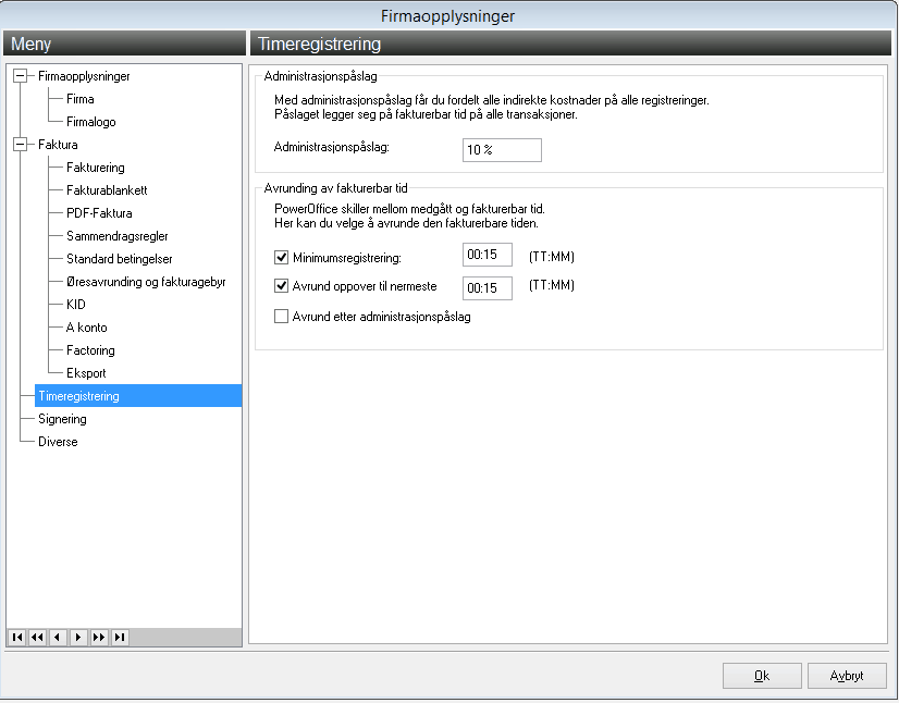 firmaopplysninger- timeregistrering