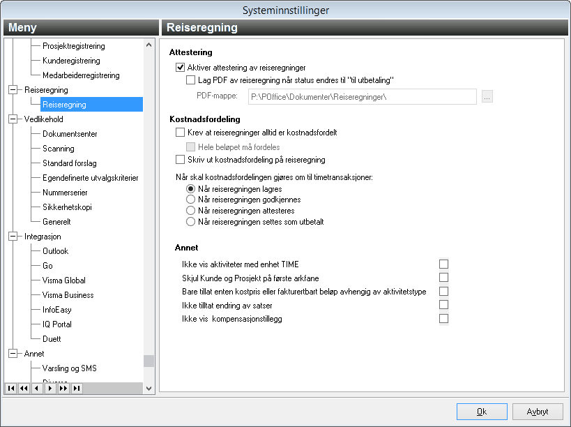 Systeminnstillinger - reiseregning