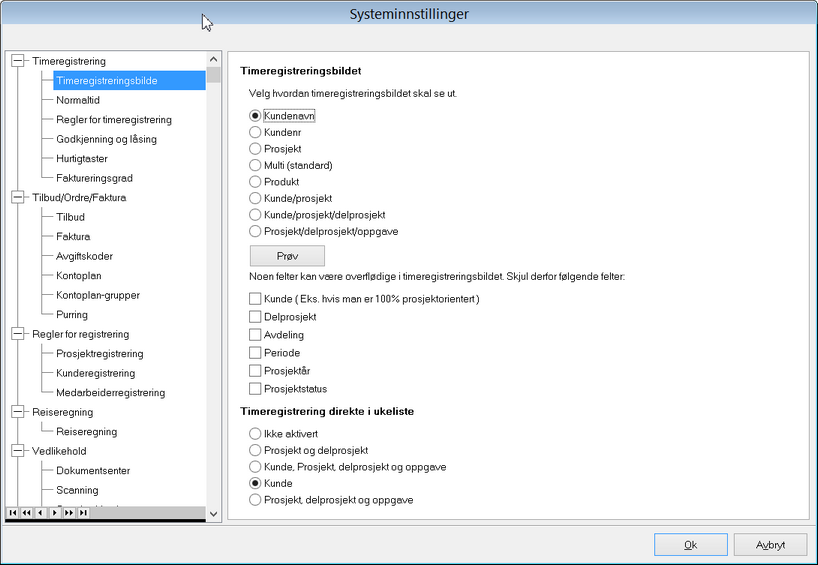 Systeminnstillinger - regler for timereg
