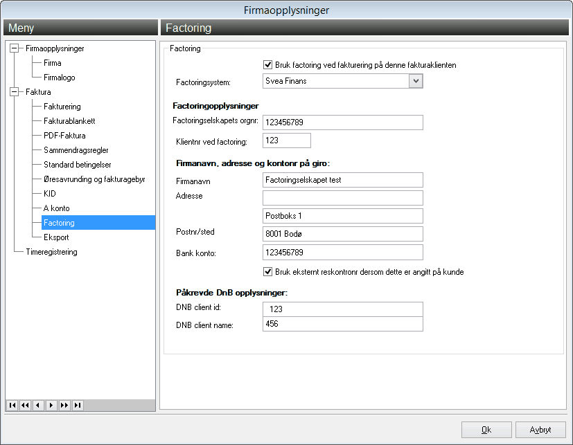 Firmaopplysninger- Factoring