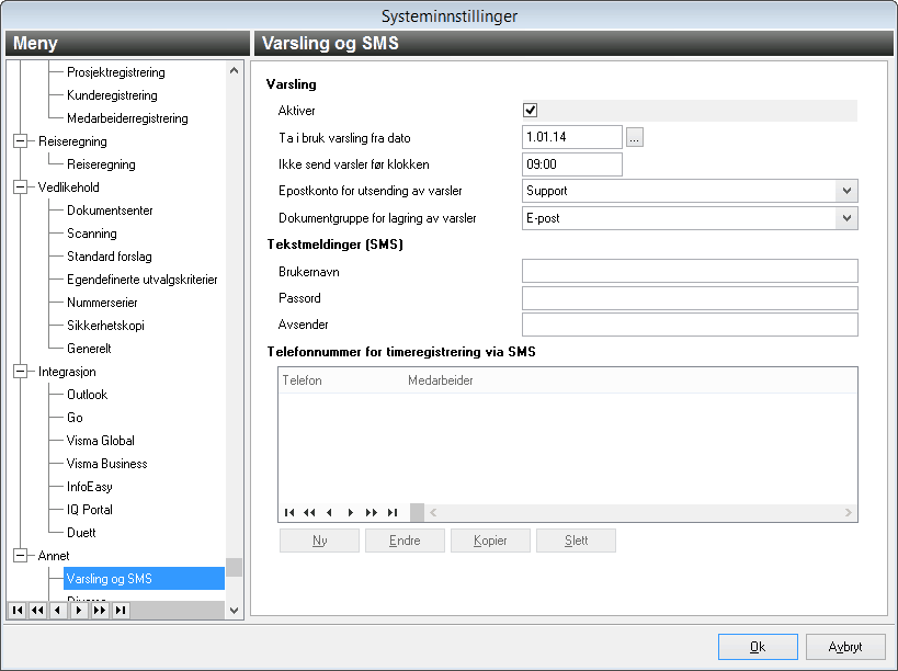 Systeminnstillinger - varsling og SMS