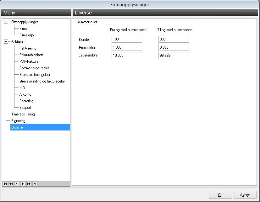 firmaopplysninger- Diverse nummerserier